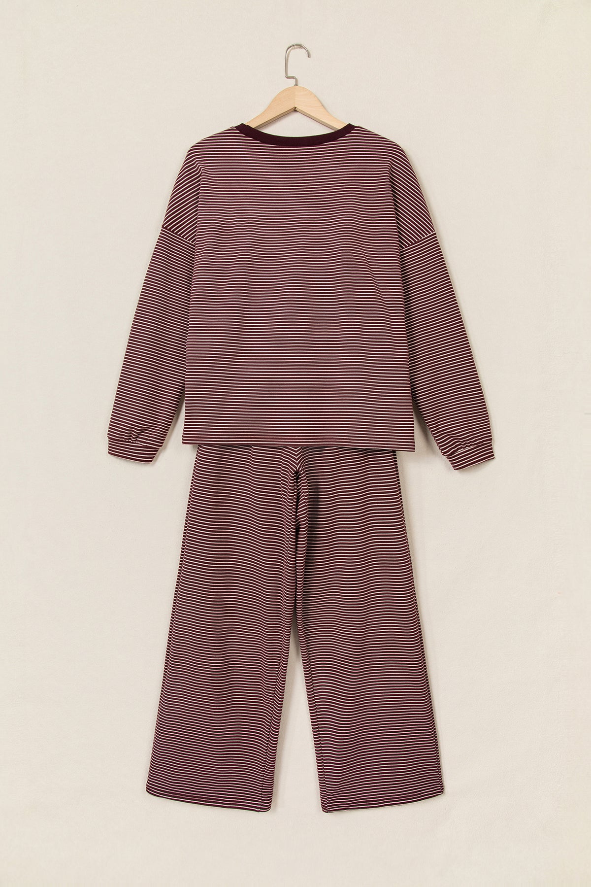 Brown Stripe Contrast Trim Round Neck Oversize Long Sleeve Top 2pcs Pant Set