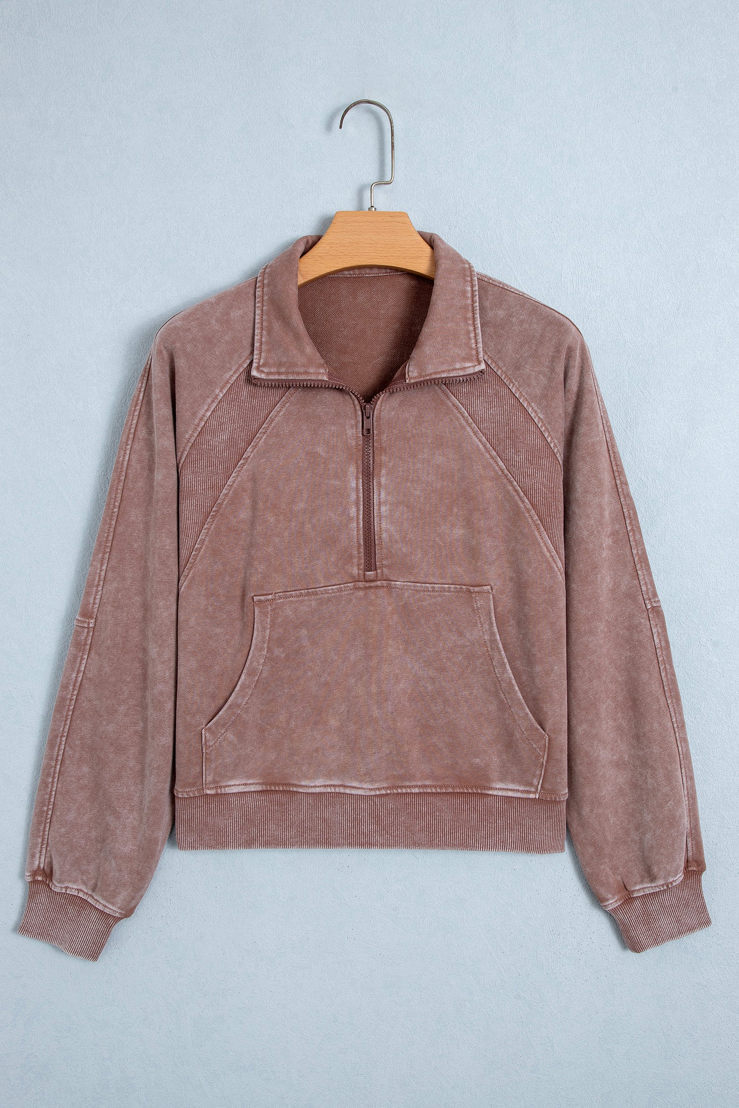 Chestnut Vintage Half-Zip Long Sleeve Ribbed Cuffs Hem Shift Silhouette Sweatshirt