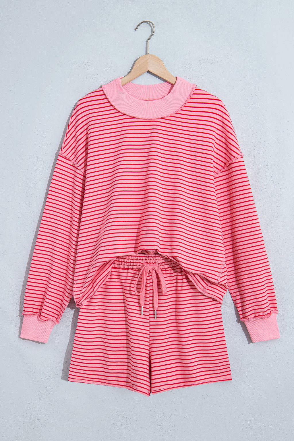 Blue Stripe Ribbed Patchwork Mock Neck Baggy Pullover Matching Shorts Set