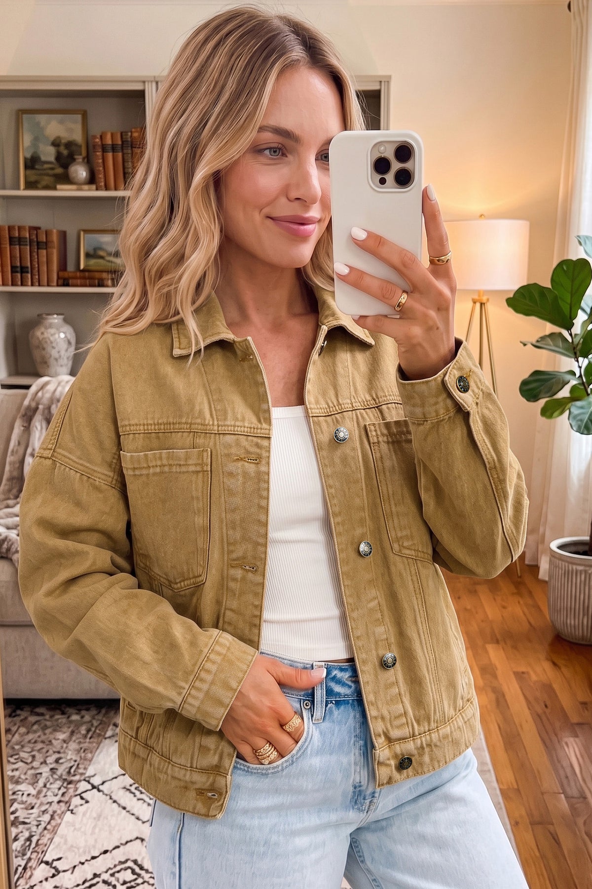 Honey gold Metal Button Front Long Sleeve Collar Denim Jacket