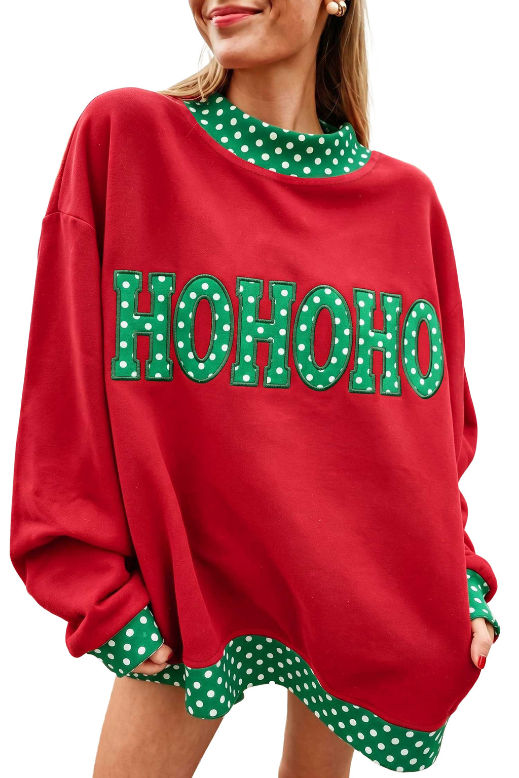Grapefruit Orange Polka Dot Letter Print Contrast Trim Mock Neck Sweatshirt