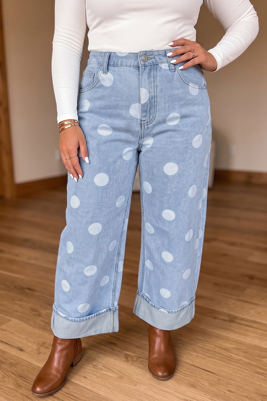 Sky Blue Polka Dot Full Length Regular Fit Plus Size Jeans