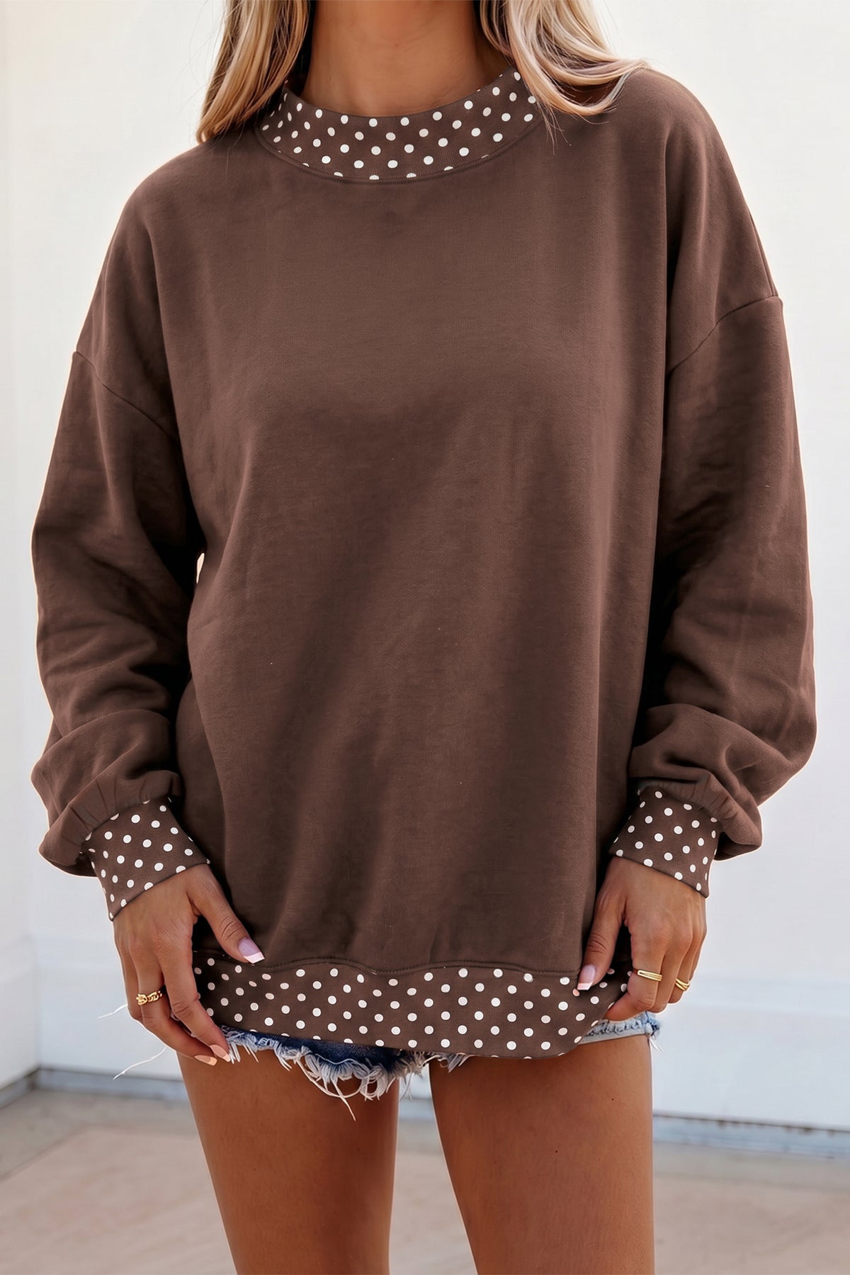 Tillandsia Purple Colorblock Polka Dot Contrast Trim Oversized Sweatshirt