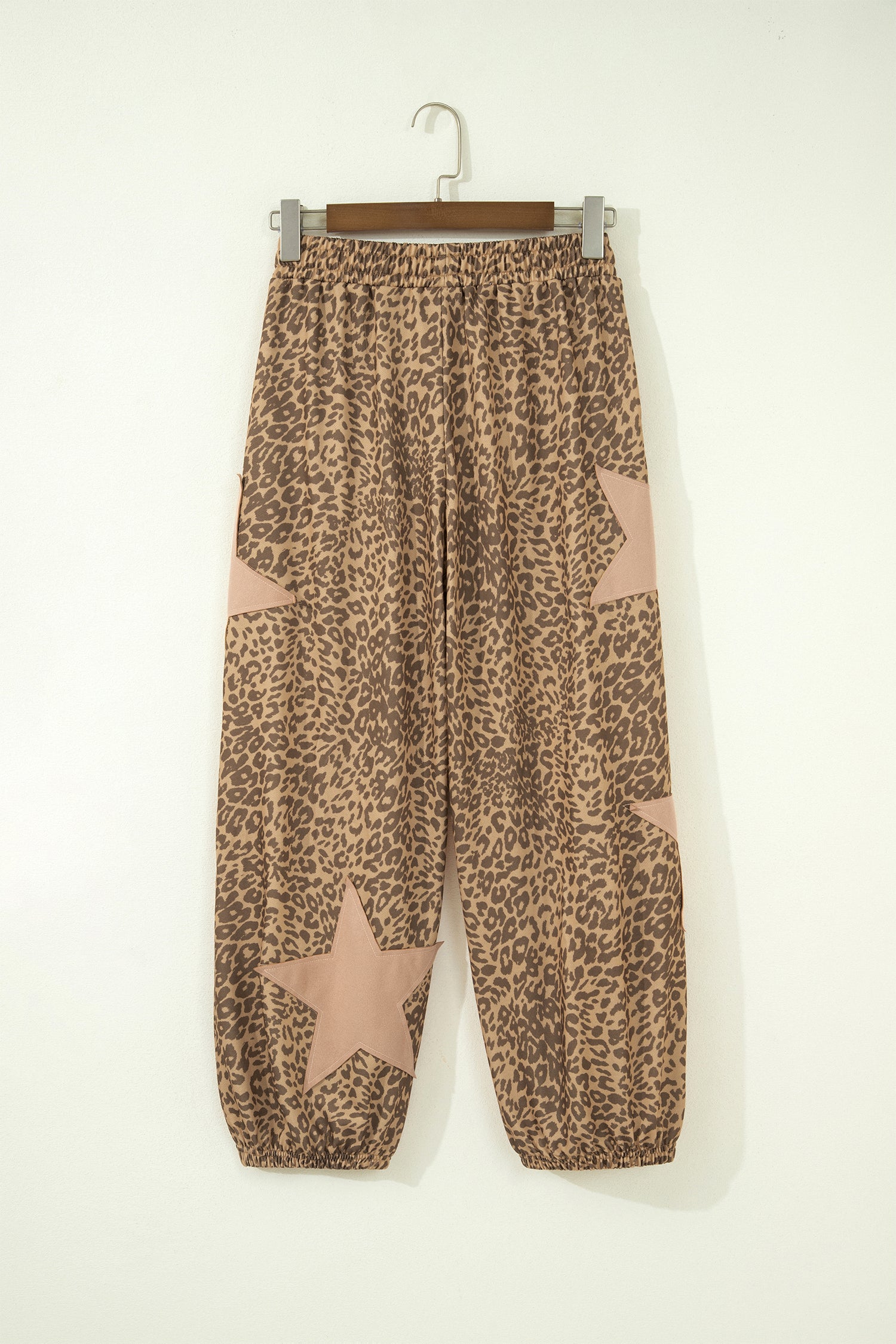 Khaki Leopard Print Star Patched Drawstring Elastic Waist Jogger Pants