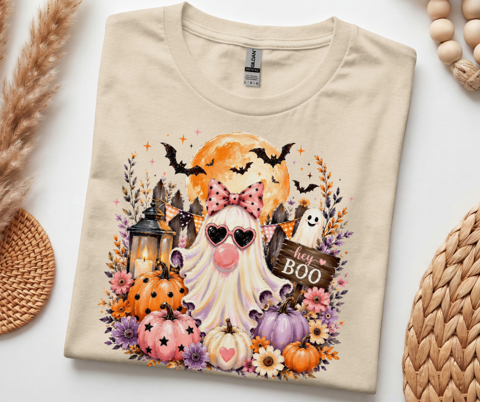 Halloween Gnome T‑Shirt — 'Hey Boo' Cute Pumpkin Ghost Fall Tee