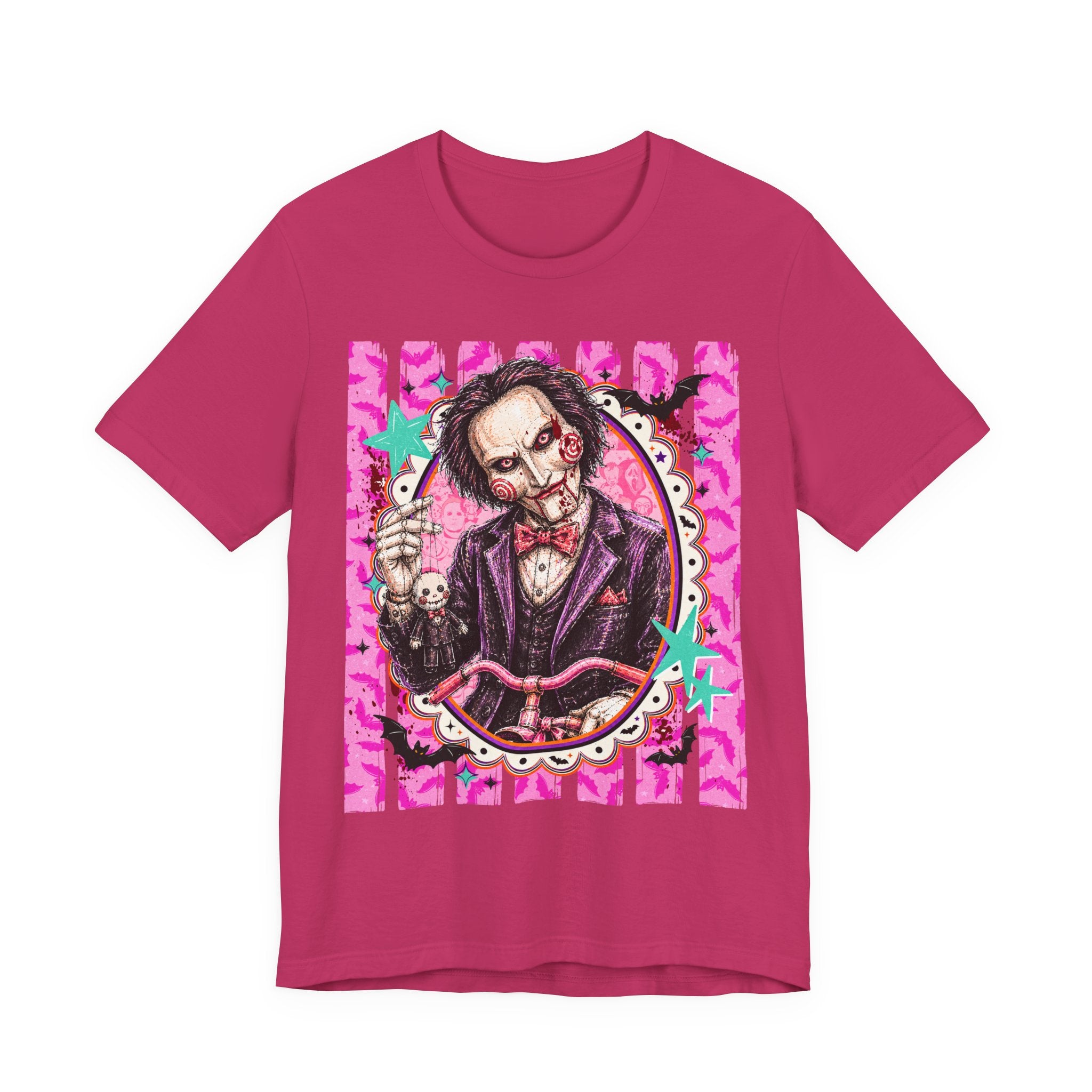 Saw Puppet Graphic Tee — Retro Pink Horror Movie T-Shirt