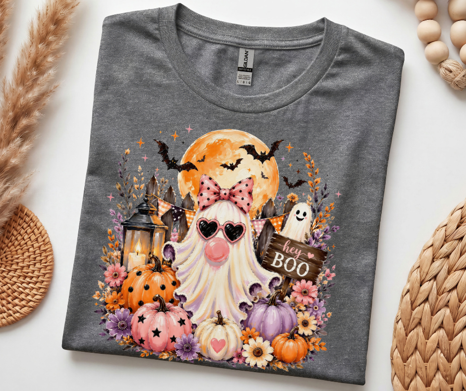 Halloween Gnome T‑Shirt — 'Hey Boo' Cute Pumpkin Ghost Fall Tee