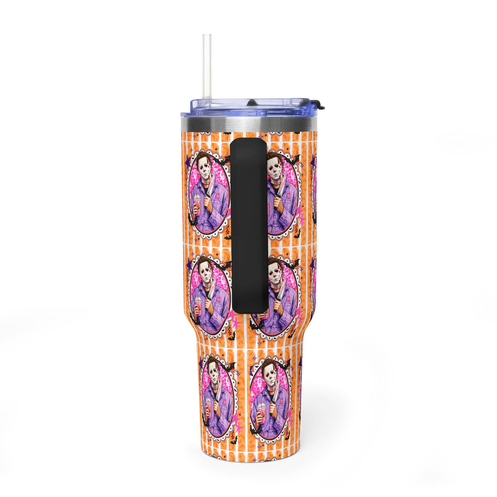 40oz Halloween Michael Myers Tumbler — Retro Orange Striped Vacuum Insulated Cup