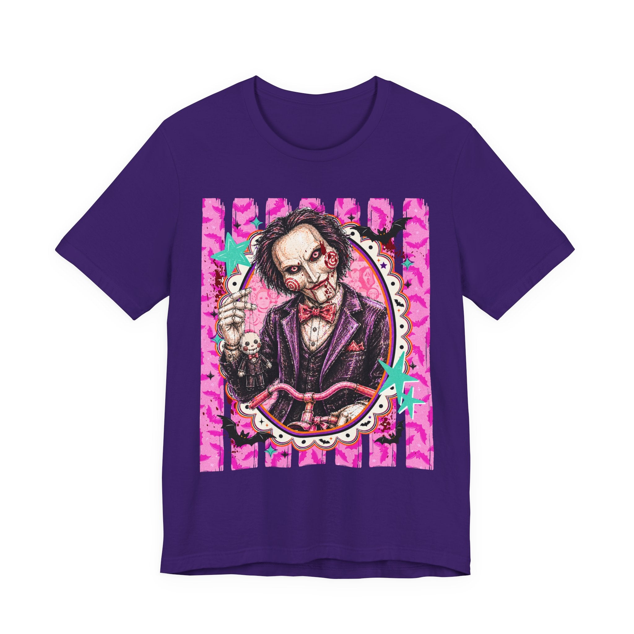 Saw Puppet Graphic Tee — Retro Pink Horror Movie T-Shirt