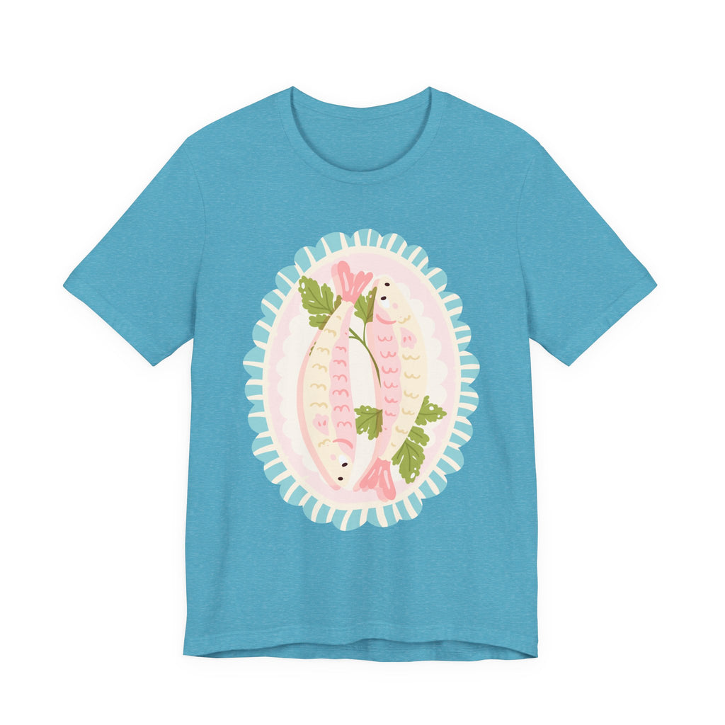 Pink Sardine Platter Illustration T-Shirt | Cute Aquatic Creature Tee, Floral Frame