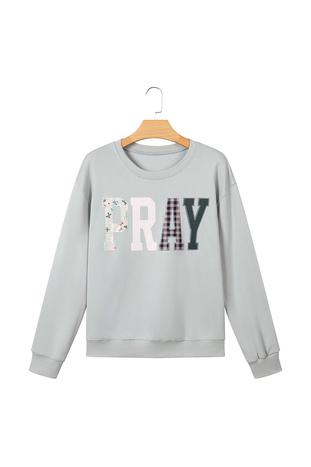 Gray Floral Buffalo Plaid Striped Embroidered Patch Western Pullover Sweatshirt
