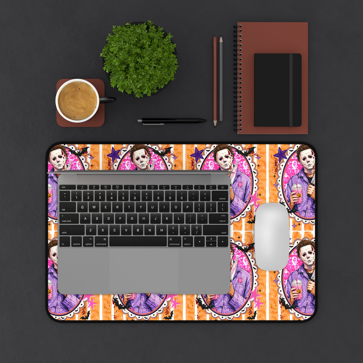 Horror Coffee Desk Mat — Michael Mask Patterned Gamer Desk Pad