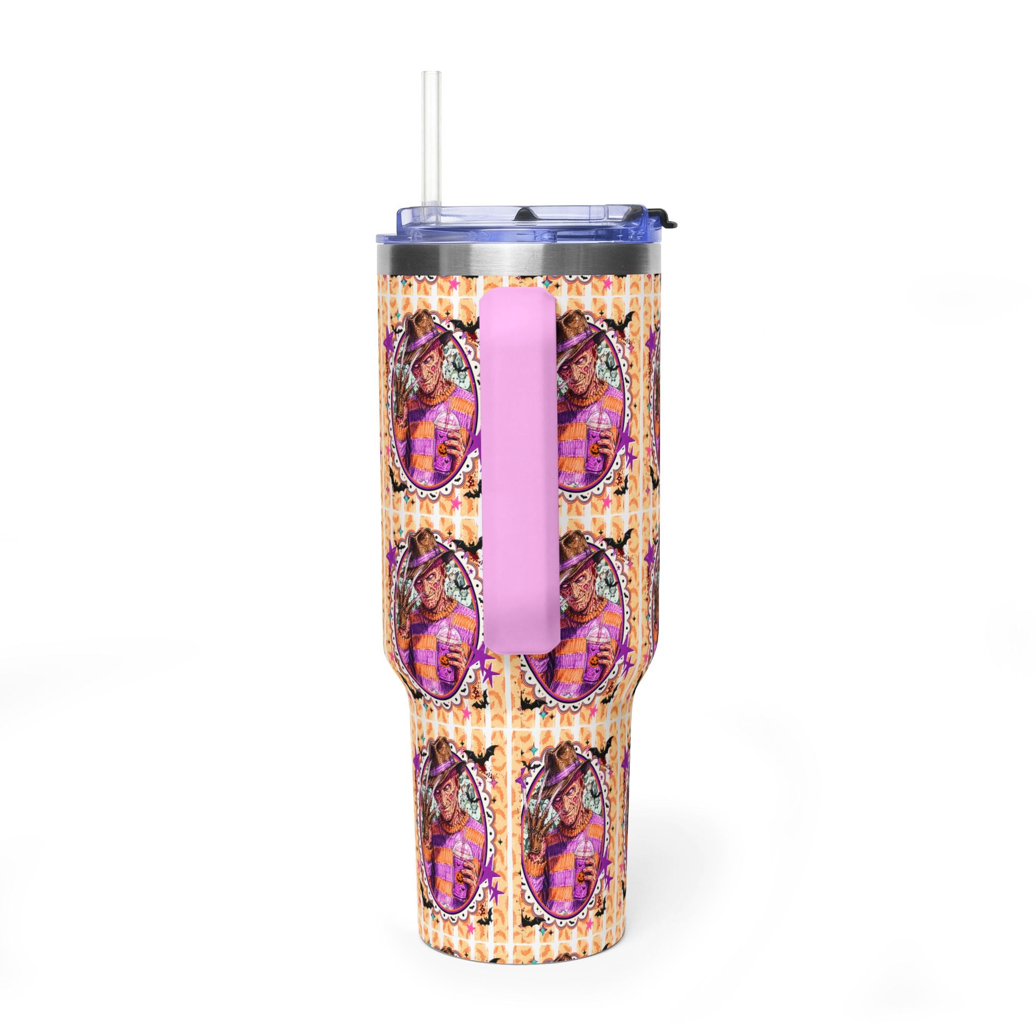 40oz Halloween Freddy Krueger Tumbler — Retro Orange Striped Vacuum Insulated Cup