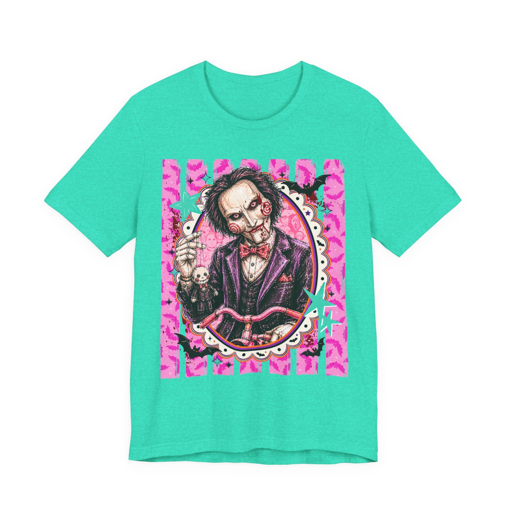 Saw Puppet Graphic Tee — Retro Pink Horror Movie T-Shirt