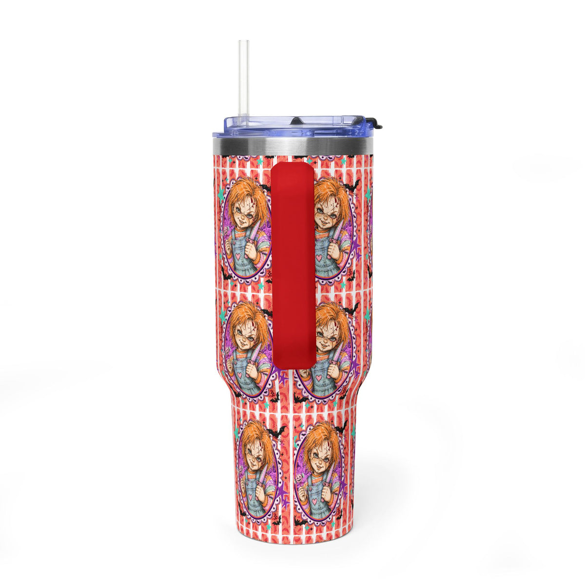 40oz Halloween Chucky Doll Insulated Tumbler — Retro Red Striped Bat Line Stainless Vacuum Cup