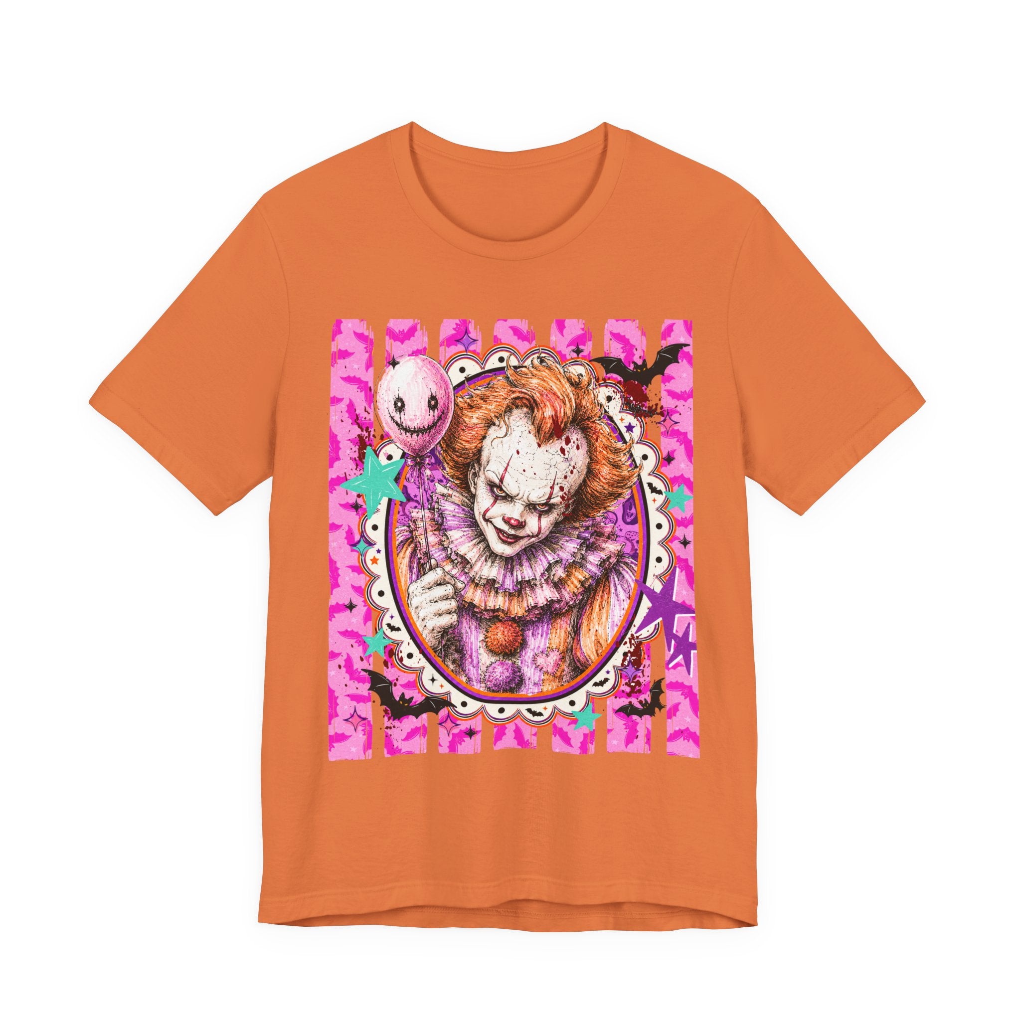 Penny Wise Horror Clown Graphic Tee — Pink Vintage Pennywise Portrait T-Shirt