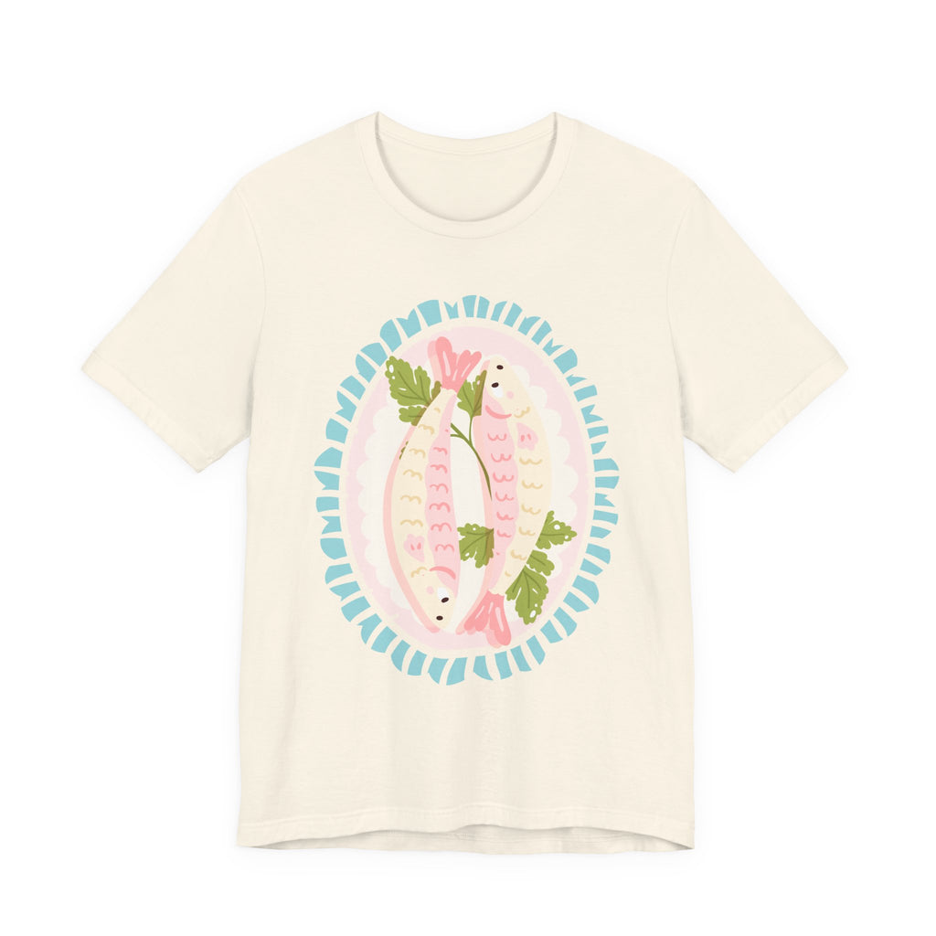 Pink Sardine Platter Illustration T-Shirt | Cute Aquatic Creature Tee, Floral Frame