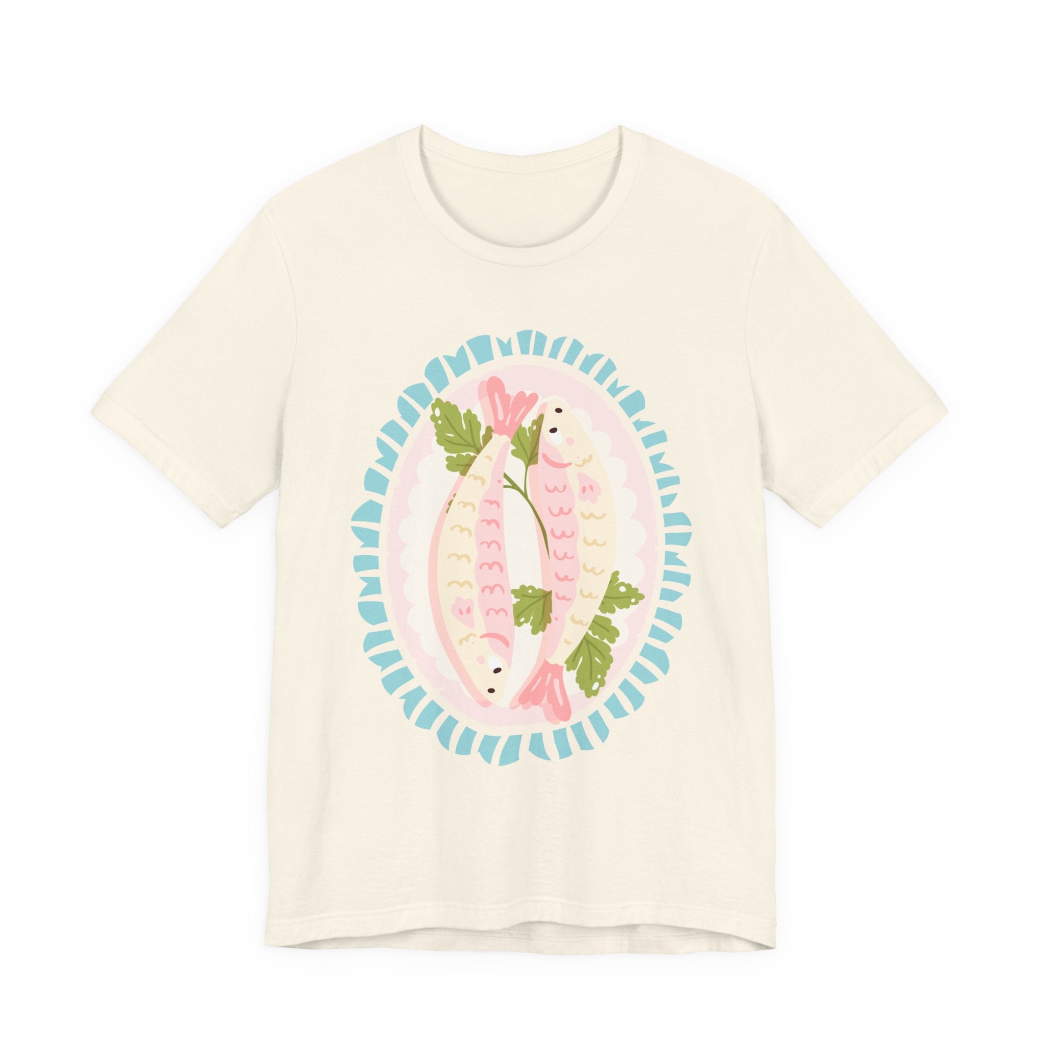 Pink Sardine Platter Illustration T-Shirt | Cute Aquatic Creature Tee, Floral Frame