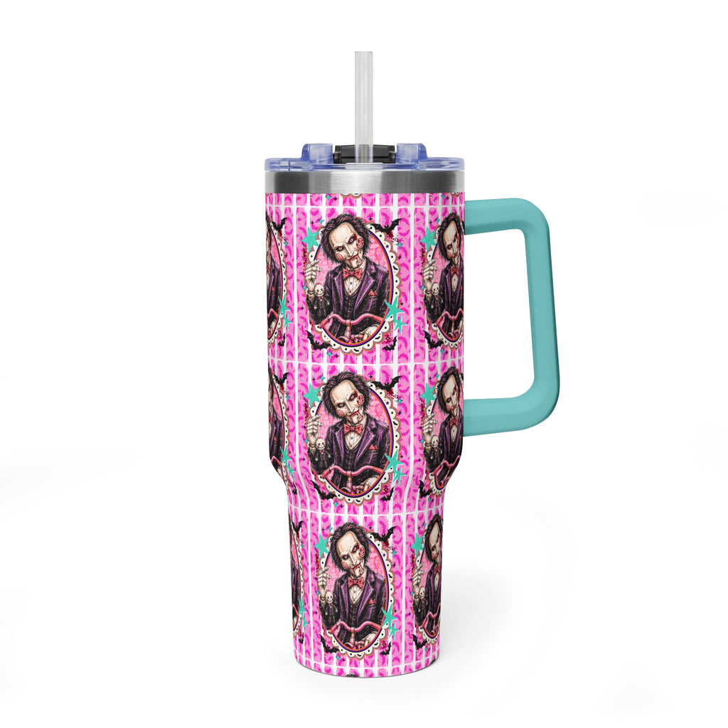 40oz Halloween JigSaw Character Vacuum Tumbler — Gothic Victorian Portrait Pink Pattern