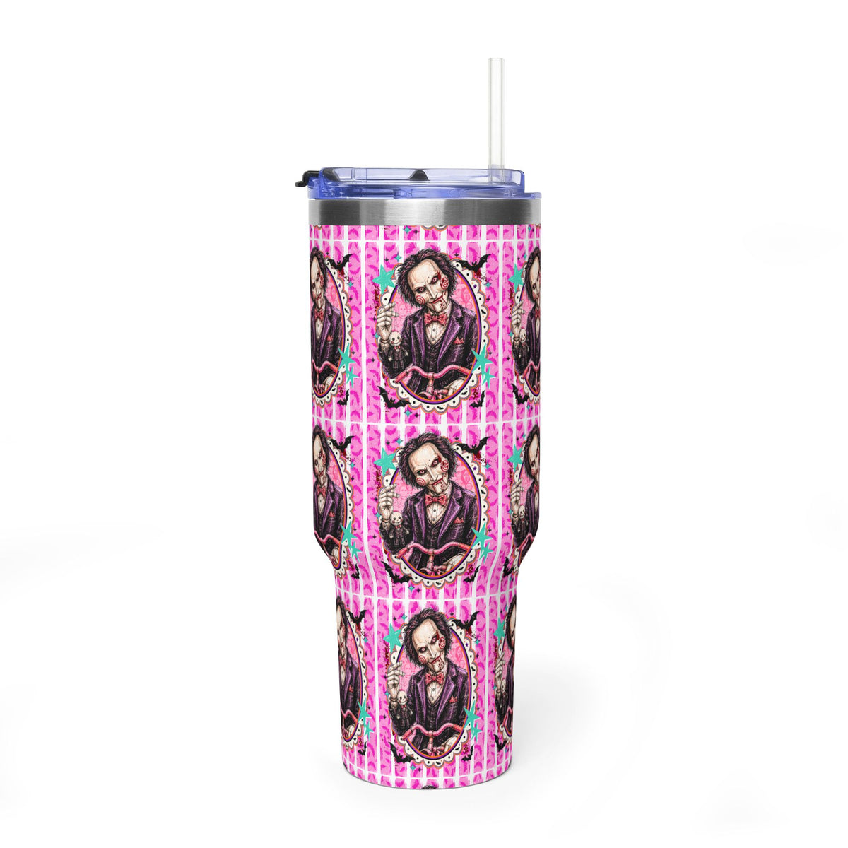 40oz Halloween JigSaw Character Vacuum Tumbler — Gothic Victorian Portrait Pink Pattern