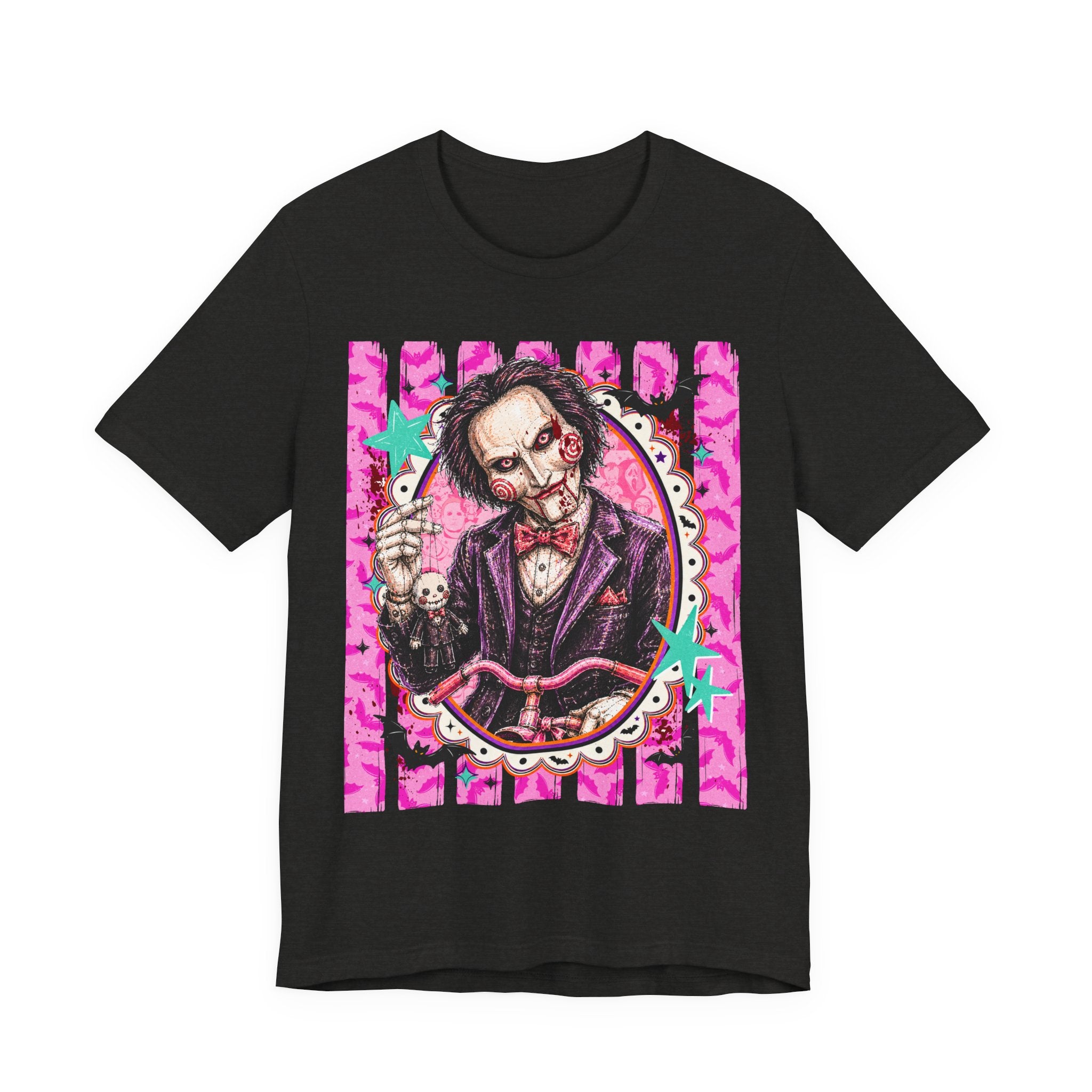 Saw Puppet Graphic Tee — Retro Pink Horror Movie T-Shirt
