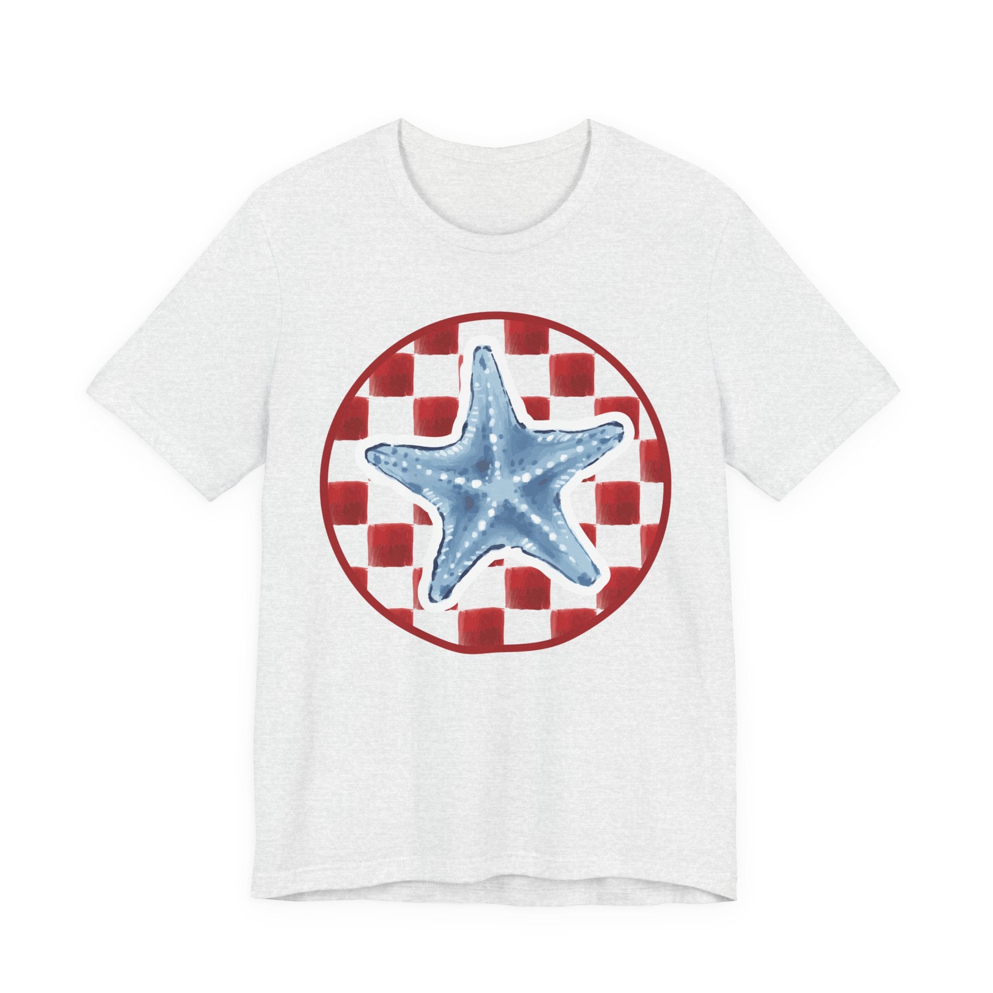 Blue Starfish on Red Check Circle T-Shirt | Nautical Beach Tee