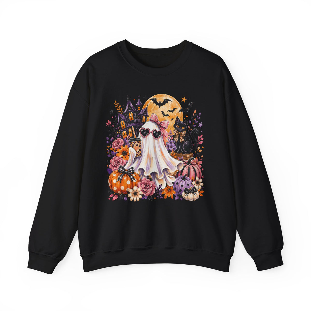 Halloween Ghost Crewneck Sweatshirt — Cute Ghost, Pumpkins & Black Cat Halloween Pullover