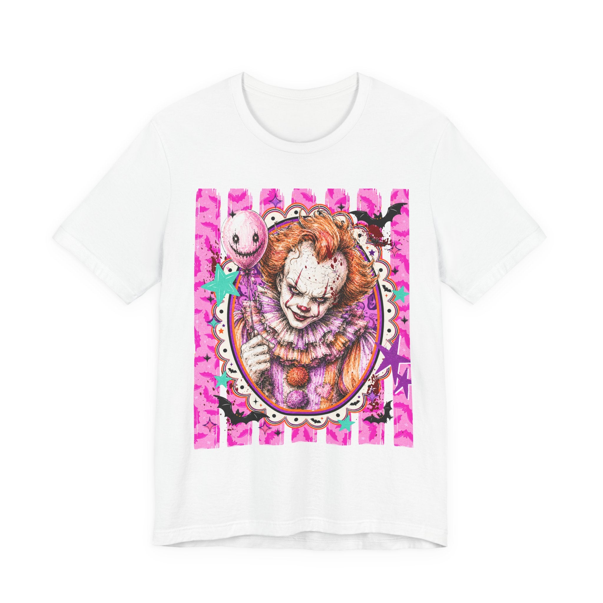 Penny Wise Horror Clown Graphic Tee — Pink Vintage Pennywise Portrait T-Shirt