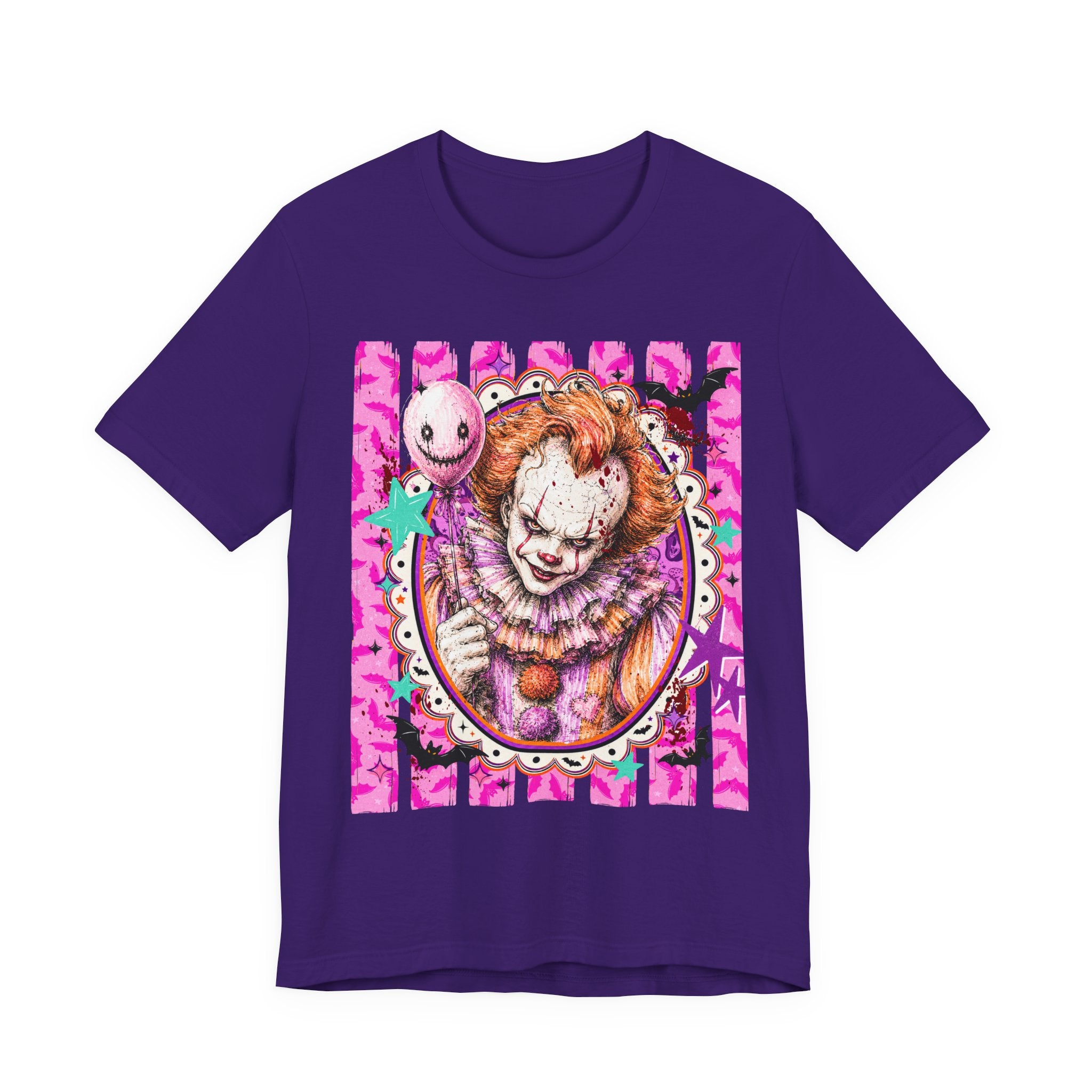 Penny Wise Horror Clown Graphic Tee — Pink Vintage Pennywise Portrait T-Shirt