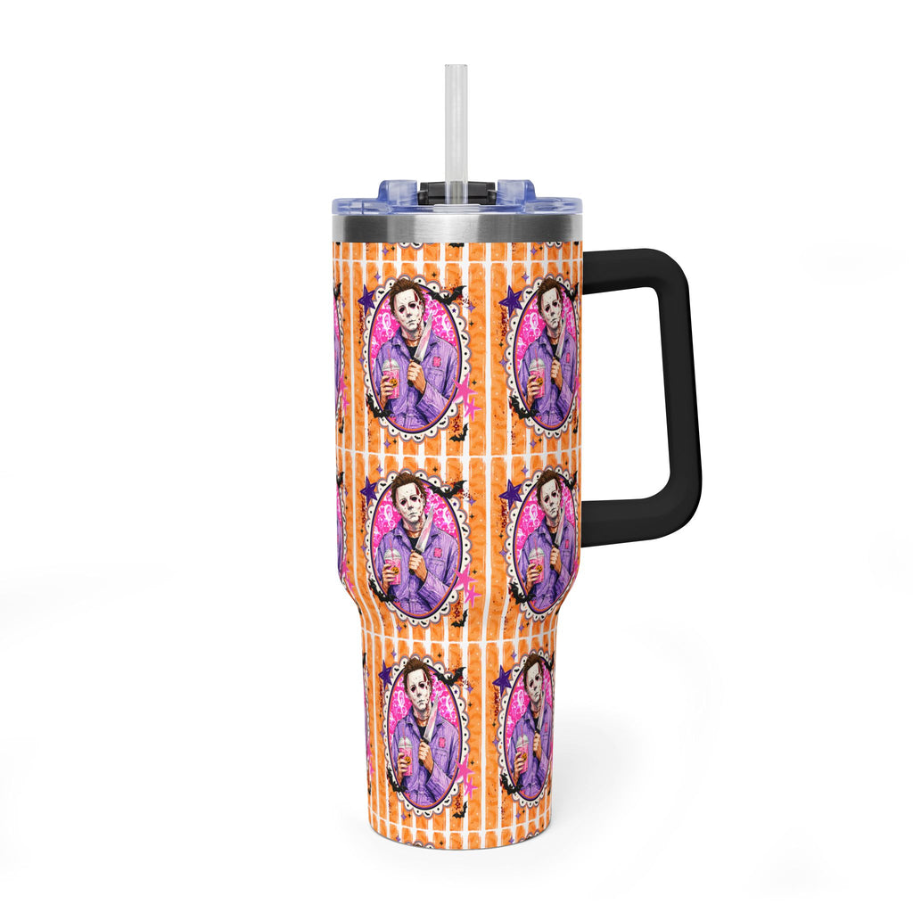40oz Halloween Michael Myers Tumbler — Retro Orange Striped Vacuum Insulated Cup