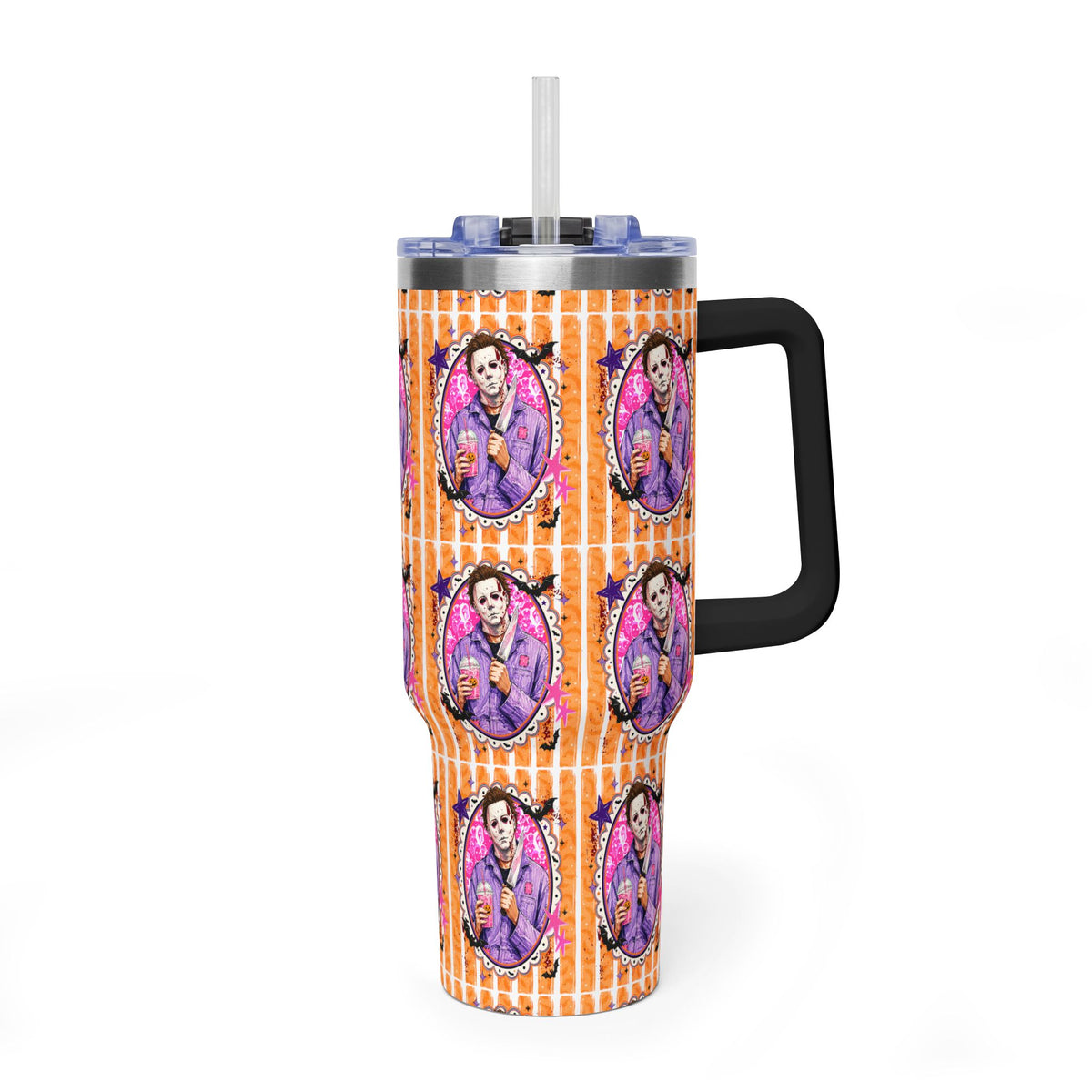 40oz Halloween Michael Myers Tumbler — Retro Orange Striped Vacuum Insulated Cup