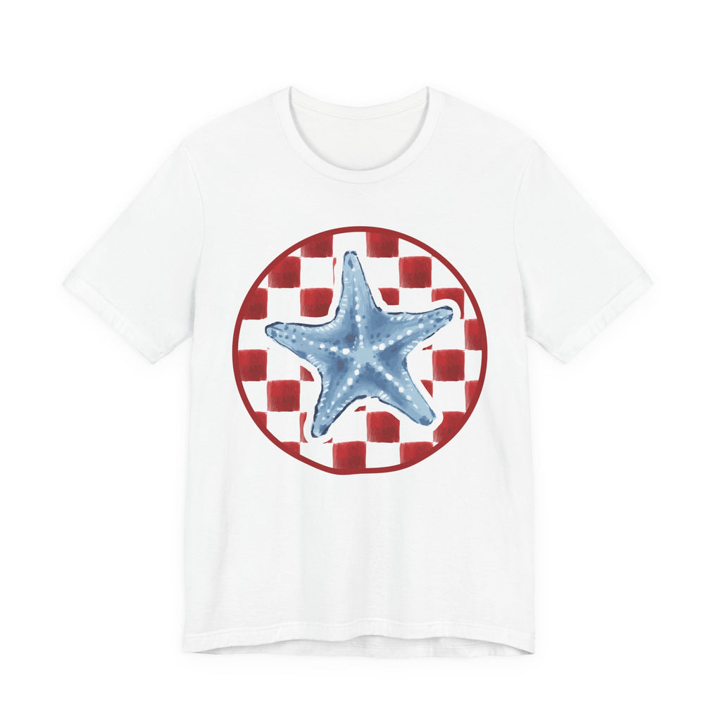 Blue Starfish on Red Check Circle T-Shirt | Nautical Beach Tee