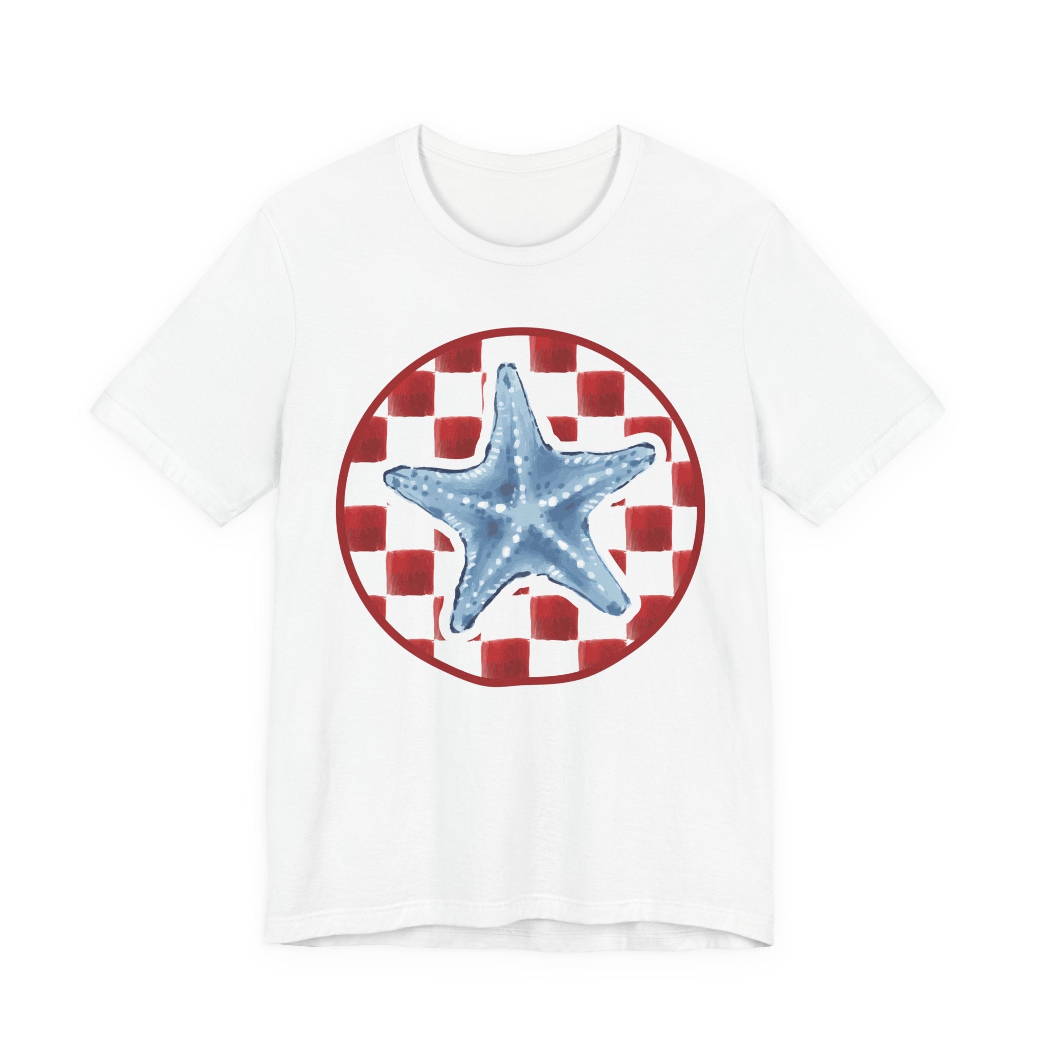 Blue Starfish on Red Check Circle T-Shirt | Nautical Beach Tee