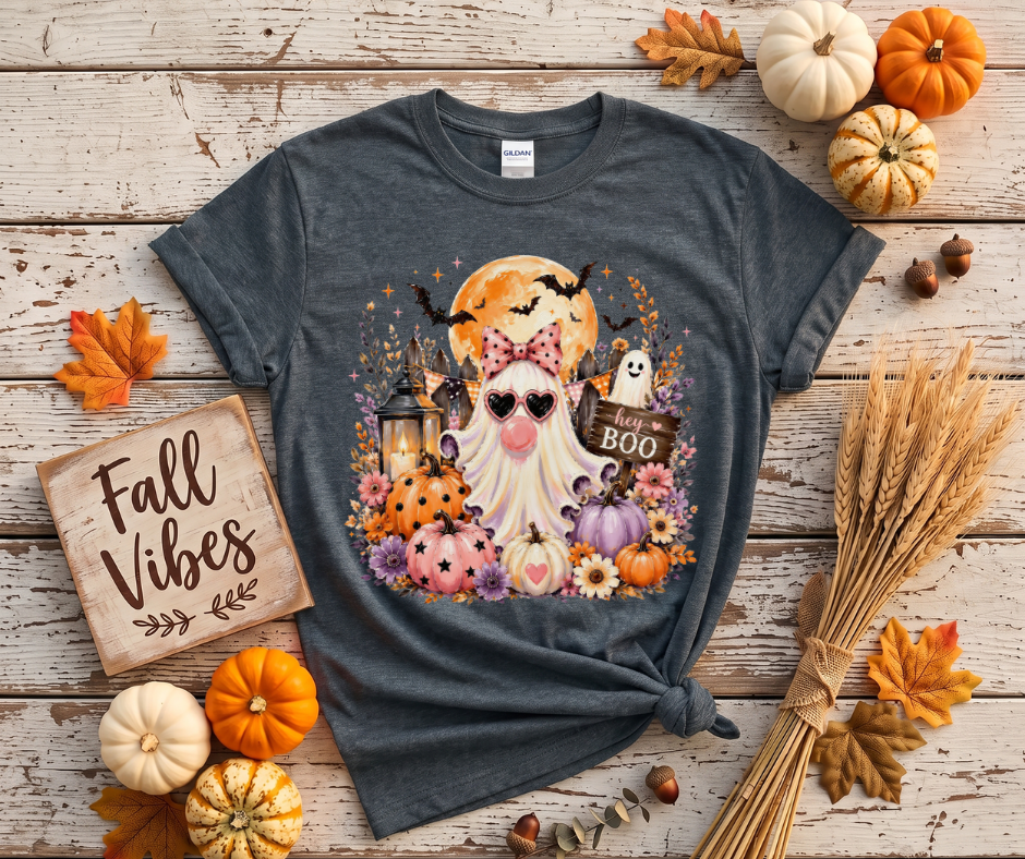 Halloween Gnome T‑Shirt — 'Hey Boo' Cute Pumpkin Ghost Fall Tee
