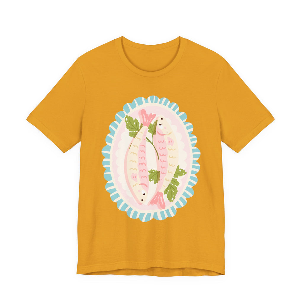 Pink Sardine Platter Illustration T-Shirt | Cute Aquatic Creature Tee, Floral Frame