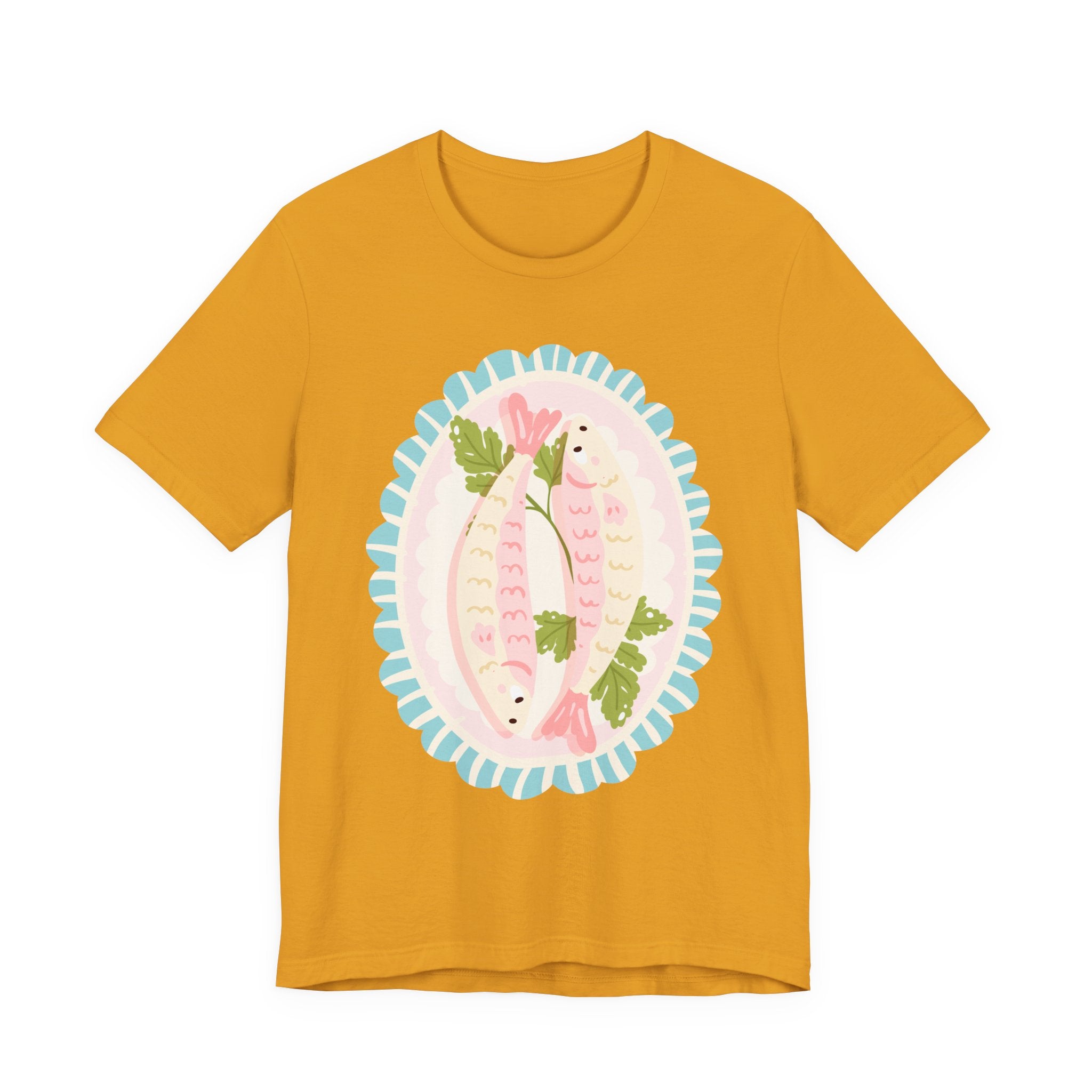 Pink Sardine Platter Illustration T-Shirt | Cute Aquatic Creature Tee, Floral Frame