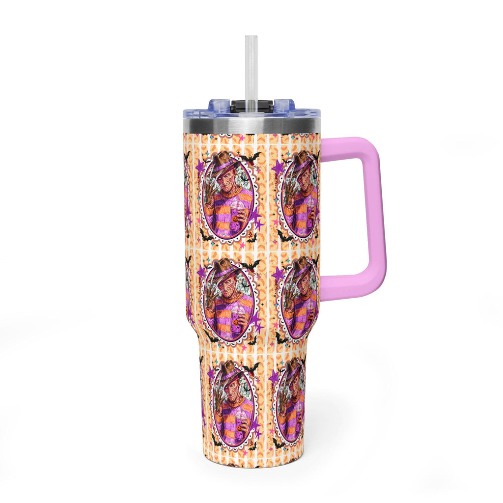 40oz Halloween Freddy Krueger Tumbler — Retro Orange Striped Vacuum Insulated Cup