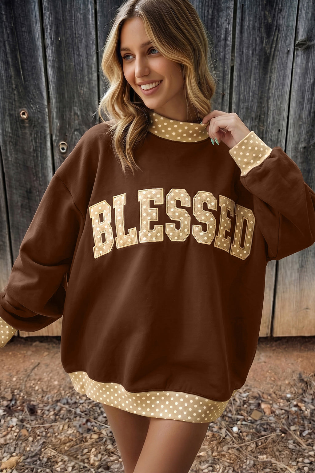 Parchment Trim High Neck FAITH Letter Graphic Baggy Sweatshirt