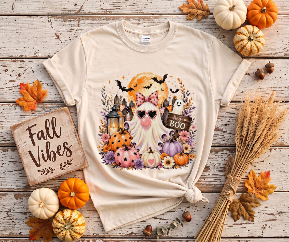 Halloween Gnome T‑Shirt — 'Hey Boo' Cute Pumpkin Ghost Fall Tee