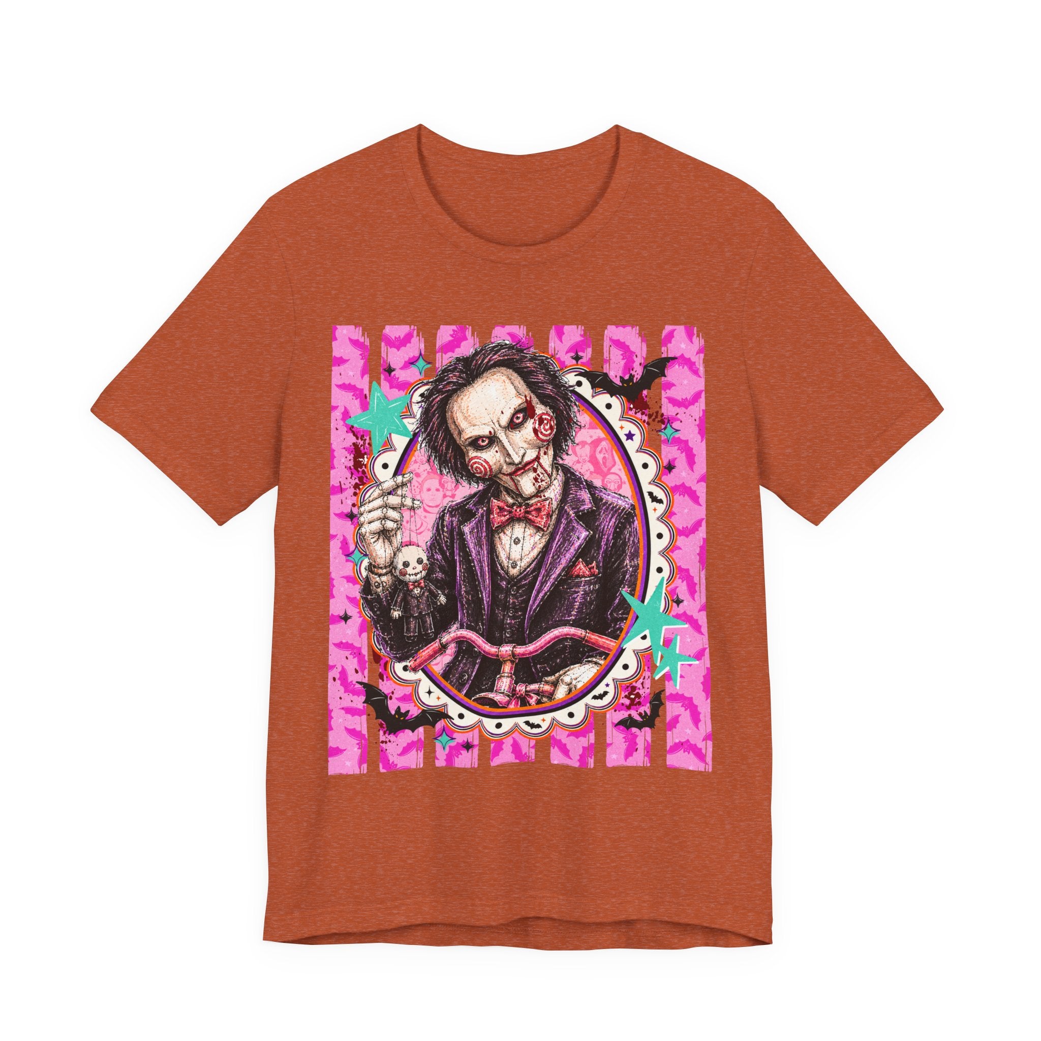 Saw Puppet Graphic Tee — Retro Pink Horror Movie T-Shirt