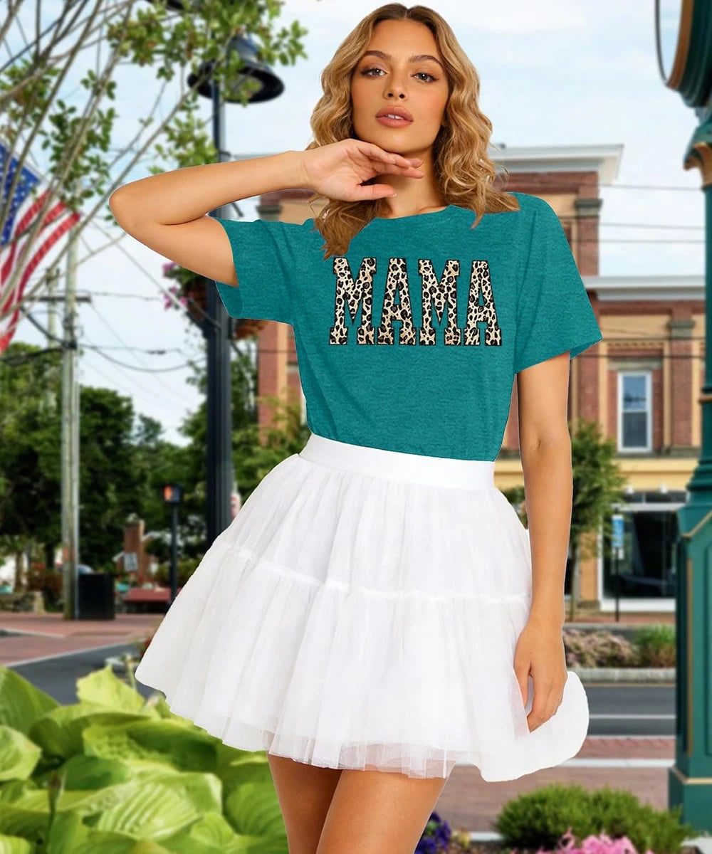Mama Shirts for Women: Embroidered Mom Tshirts Leopard Mama Tees