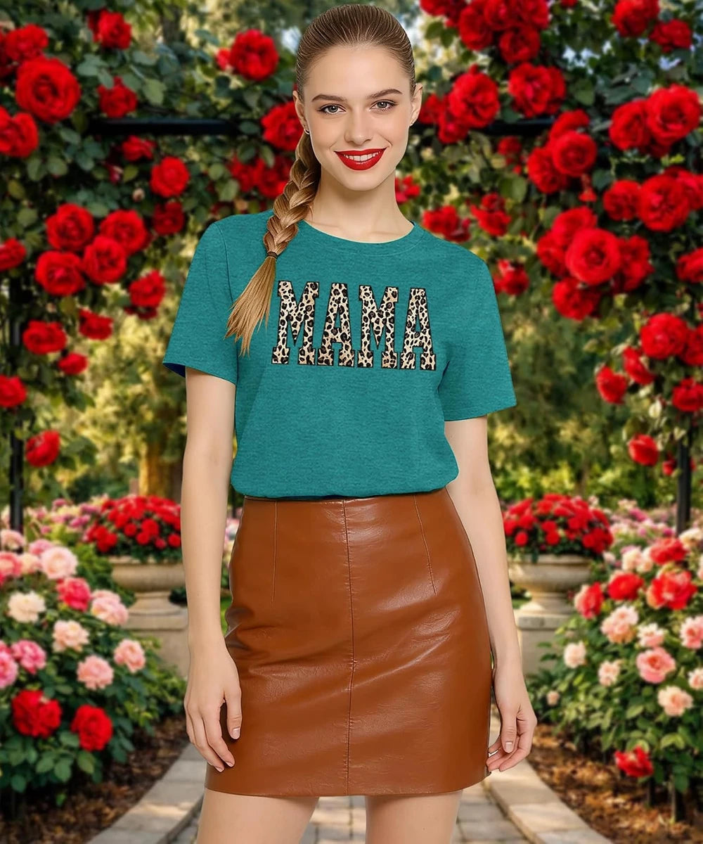 Mama Shirts for Women: Embroidered Mom Tshirts Leopard Mama Tees