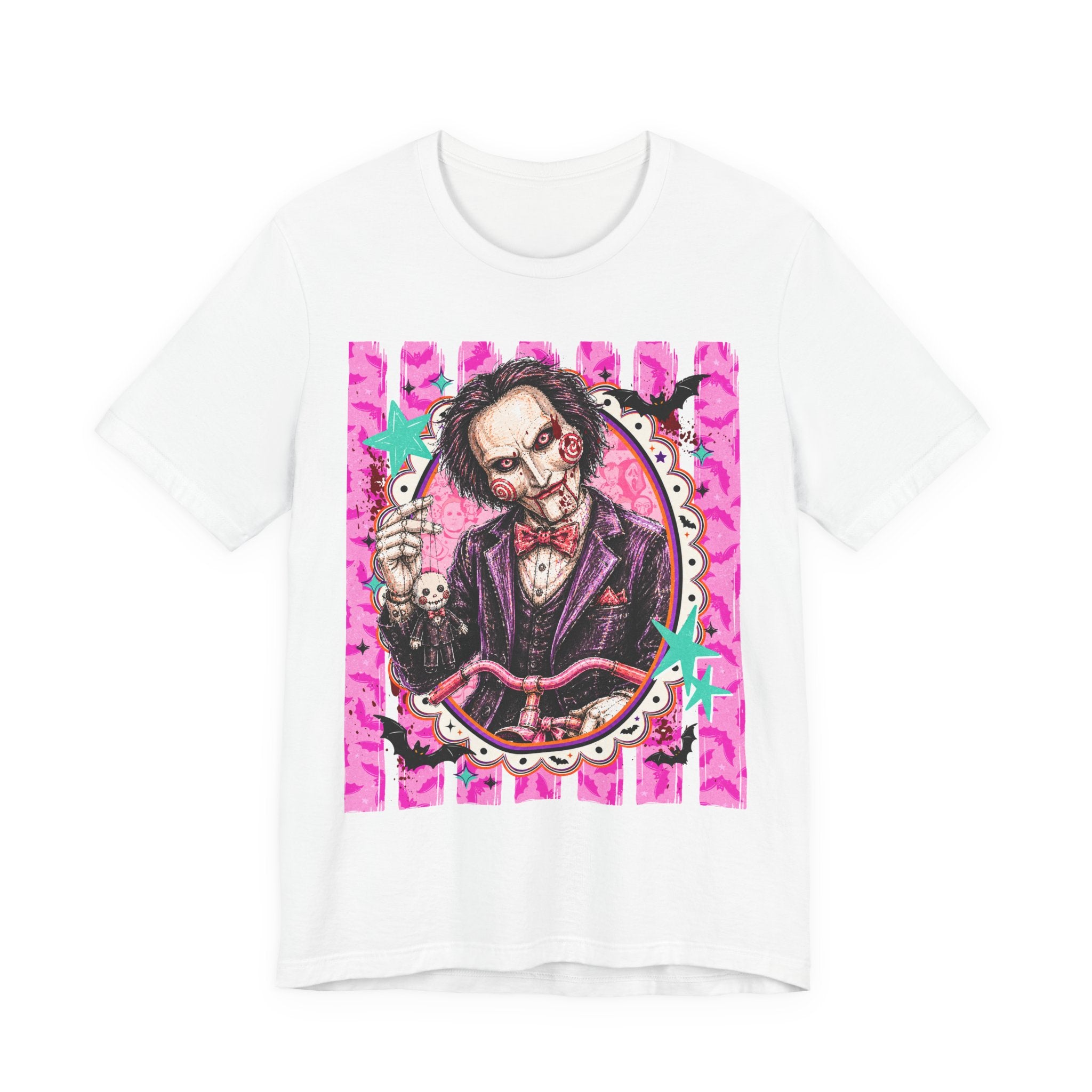Saw Puppet Graphic Tee — Retro Pink Horror Movie T-Shirt