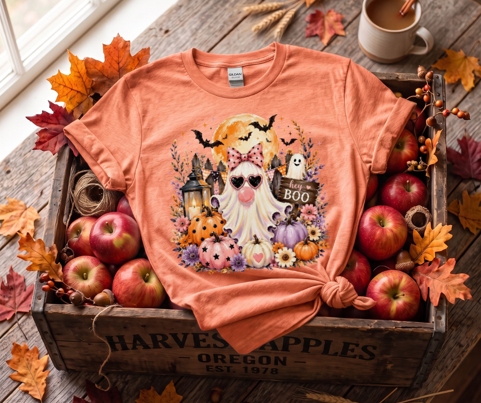 Halloween Gnome T‑Shirt — 'Hey Boo' Cute Pumpkin Ghost Fall Tee