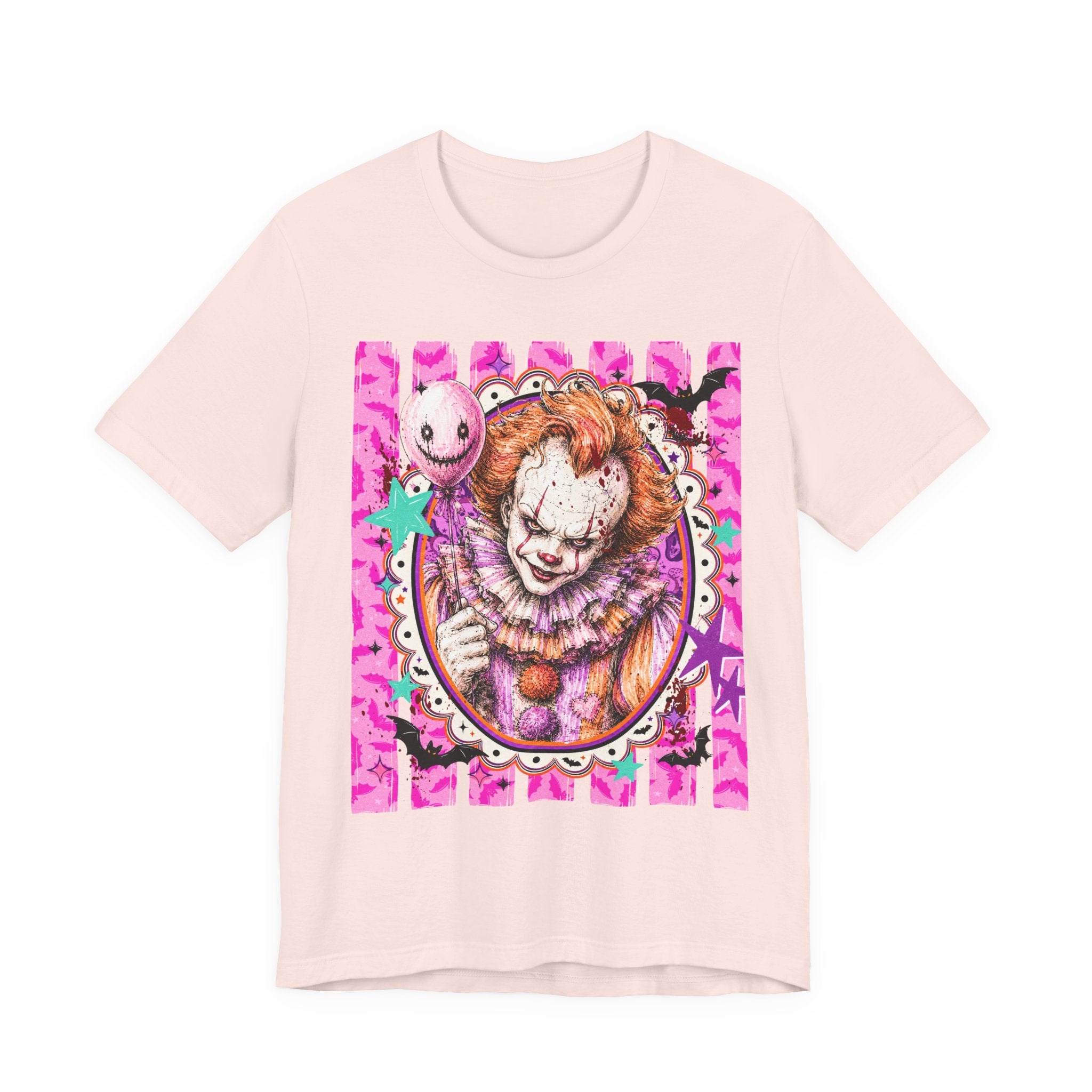 Penny Wise Horror Clown Graphic Tee — Pink Vintage Pennywise Portrait T-Shirt