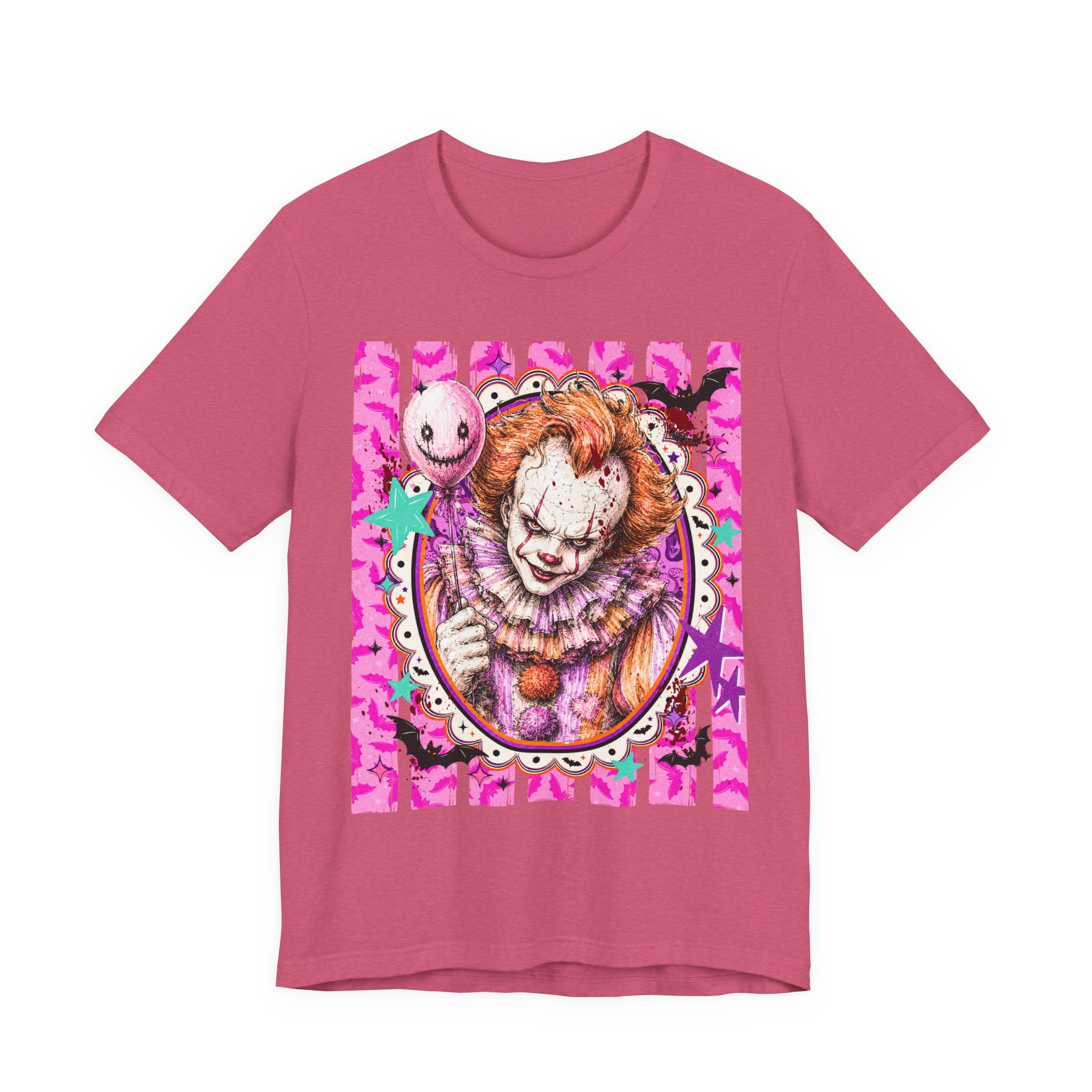 Penny Wise Horror Clown Graphic Tee — Pink Vintage Pennywise Portrait T-Shirt