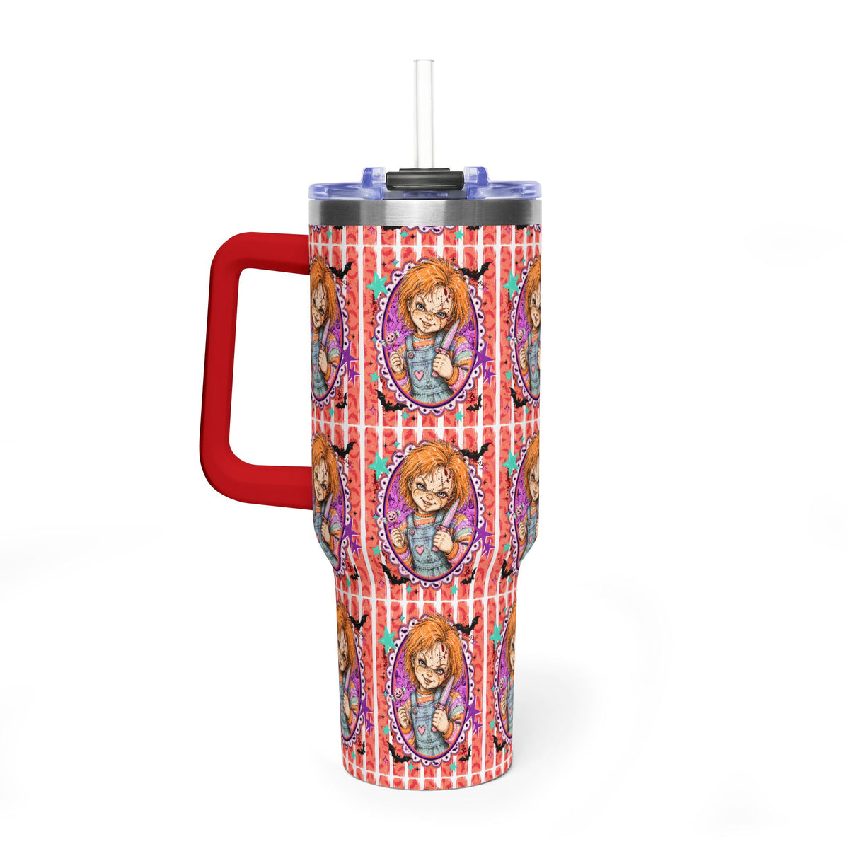 40oz Halloween Chucky Doll Insulated Tumbler — Retro Red Striped Bat Line Stainless Vacuum Cup
