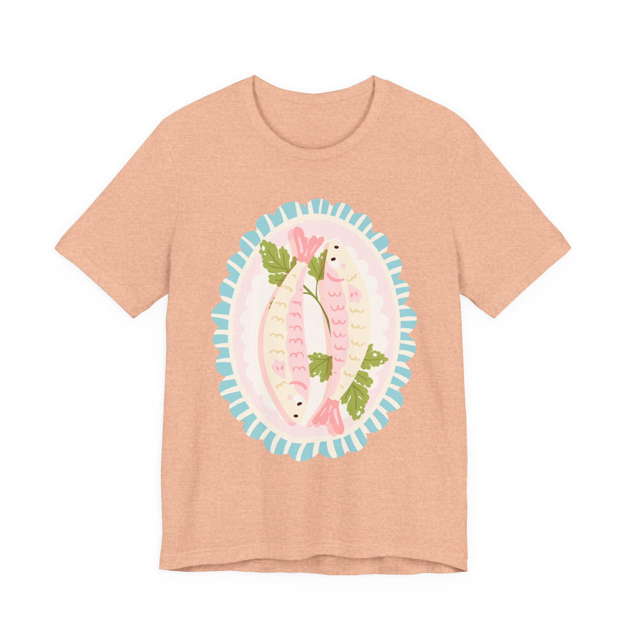 Pink Sardine Platter Illustration T-Shirt | Cute Aquatic Creature Tee, Floral Frame