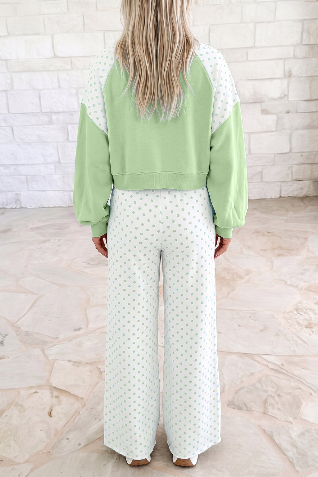 Polka Dot Patchwork Colorblock Long Sleeve Casual Two Piece Pants Set