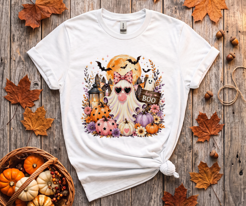 Halloween Gnome T‑Shirt — 'Hey Boo' Cute Pumpkin Ghost Fall Tee
